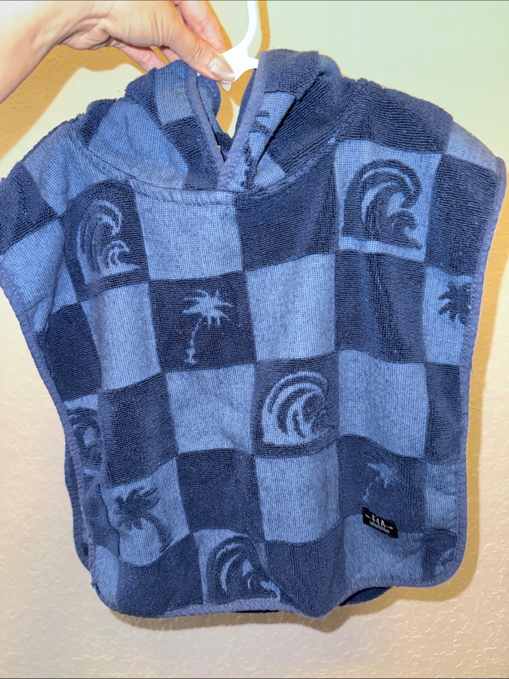 Kids Hooded Towel Poncho - Blue Check Palm & Wave Pattern